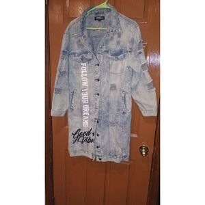 Thrill Jeans Denim Jacket Womens L Blue Excellent Distressed Graphic Longline